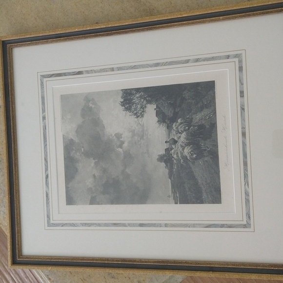 Antique framed lithograph gravure German pastoral print sheep Hanfstaengi 15x 19 - Picture 1 of 8